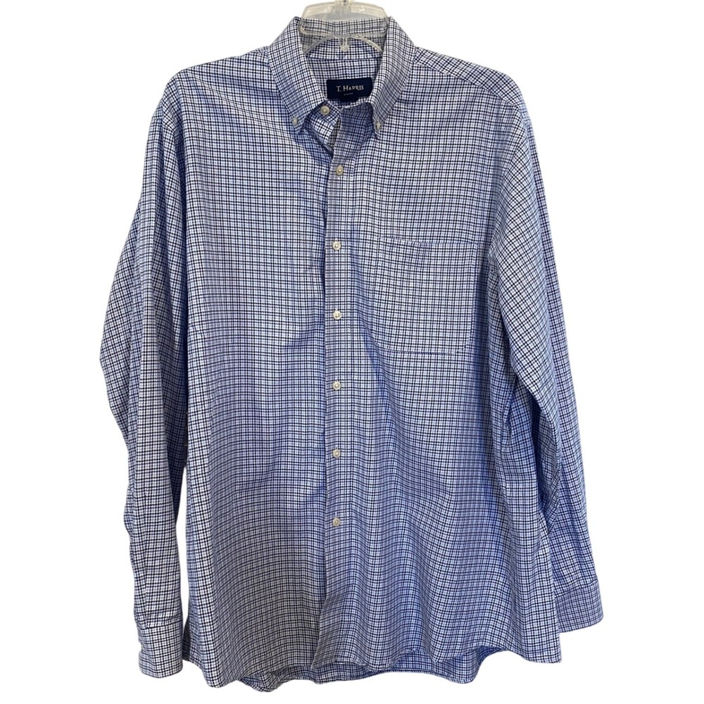 T. Harris‎ Mens Blue White Houndstooth Check Button Down Cotton Shirt Large L